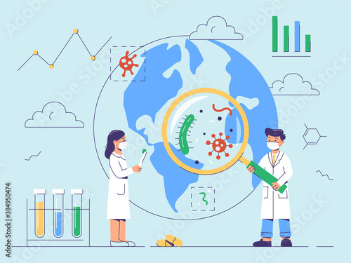 Epidemiology vector illustration. Research of pathogenic microorganisms, tiny bacteria pandemic outbreak.