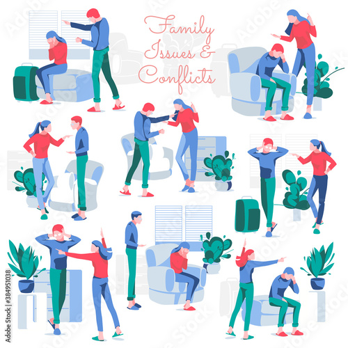 Family relationships problems set. Spouses shouting and arguing during conflicts. Misunderstanding between relationship breakup, divorce concept flat vector illustration