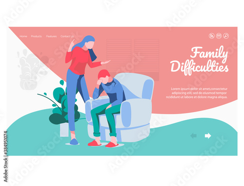 Family conflict landing page template. Couple quarreling, husband shouting at wife. Relationship breakup, divorce concept flat vector illustration
