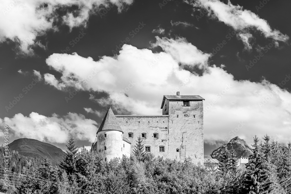 Black and white view of the ancient Naudersberg Castle in the Austrian Tyrol, near the border with Italy, Nauders, Austria Black and white view of the ancient Naudersberg Castle in the Austrian Tyrol, near the border with Italy, Nauders, Austria