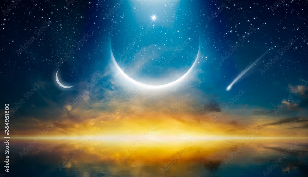 Amazing image with beautiful glowing sunset, dramatic eclipse, rising crescent moon, bright stars and falling comet. Amazing image with beautiful glowing sunset, dramatic eclipse, rising crescent moon, bright stars and falling comet.