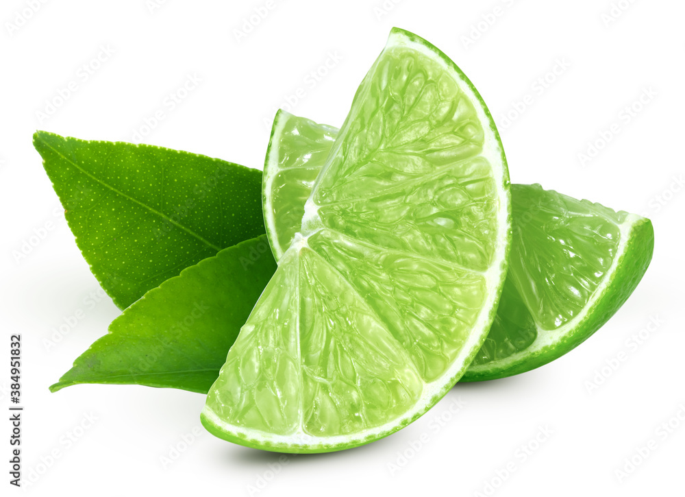 Ripe whole lime slice fruit with green leaf isolated on white background with clipping path. Lime fruit macro studio photo