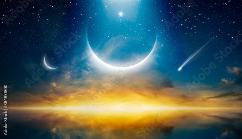 Amazing image with beautiful glowing sunset, dramatic eclipse, rising crescent moon, bright stars  and falling comet.