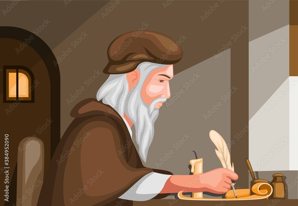 old man writing with feather pen in scroll paper biography history scene  concept in cartoon illustration vector Stock Vector | Adobe Stock