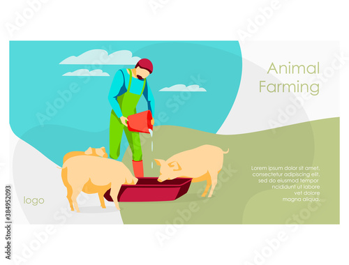Animal farmer landing page. Male famer feeding pigs pouring water in trough. ivestock agricultural industry. Eco farming and agriculture concept flat vector illustration