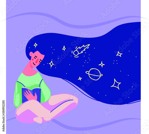 Reading book girl with cosmos long hair