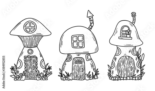 Cute fairy tale mushroom houses doodle vector set