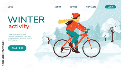 Young happy woman rides a bike in the winter snowy city park. Landing page concept. Eco-friendly transport, vehicle. Outdoor activities during the cold season, a healthy lifestyle. Vector illustration