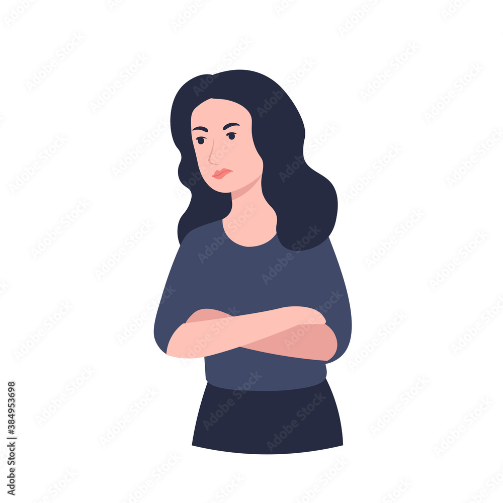 Offended, angry and resentment woman. Cross arms, crossed pose. Flat vector cartoon illustration. Offended, angry and resentment woman. Cross arms, crossed pose. Flat vector cartoon illustration.