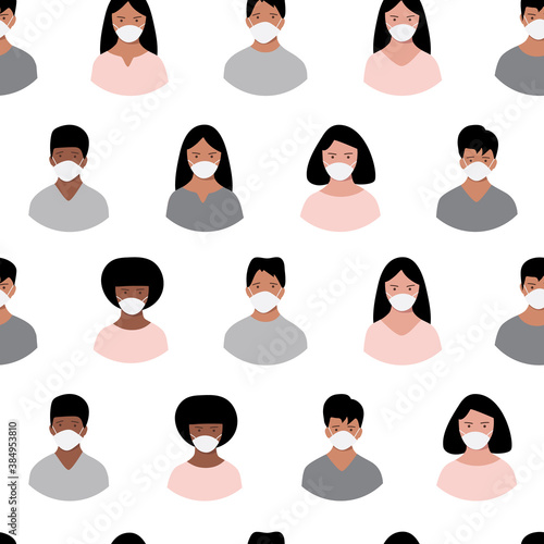 Seamless pattern with people of different nationalities wearing medical masks.