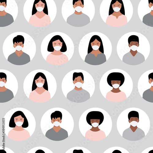 Seamless pattern with people of different nationalities wearing medical masks.