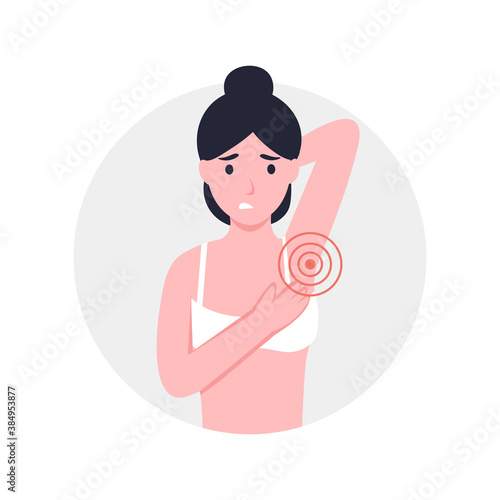 Woman with underarm pain or armpit pain. Flat vector cartoon modern illustration. Hidradenitis suppurativa.
