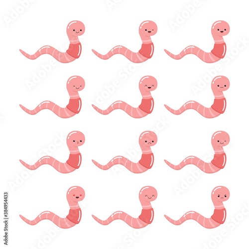 Set of funny cute worms with different emotions isolated on white background. Kawaii vector illustration.