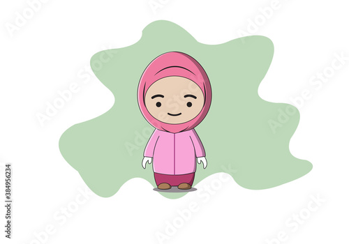 Cute cartoon character little moslem girl with pink hijab and purple clothes.