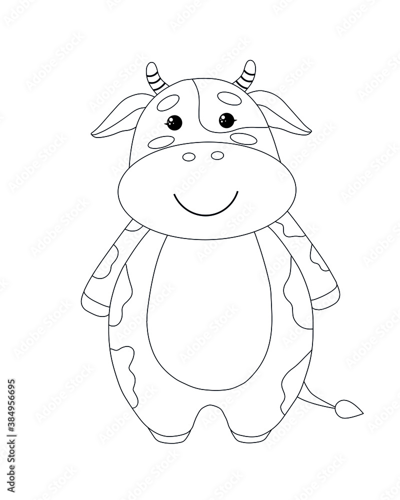 Vector cute linear cow or bull. Symbol of year 2021. Coloring page for kids. Isolated on white background Vector cute linear cow or bull. Symbol of year 2021. Coloring page for kids. Isolated on white background
