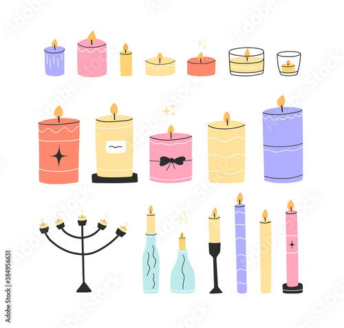 Set of different burning candles in glass  holders  bottles  candlesticks with various decorations. Vector hand drawn illustration in flat style. 
