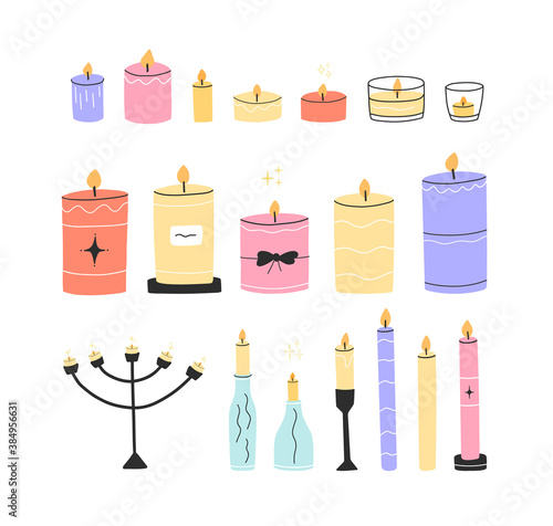Set of different burning candles in glass, holders, bottles, candlesticks with various decorations. Vector hand drawn illustration in flat style. 