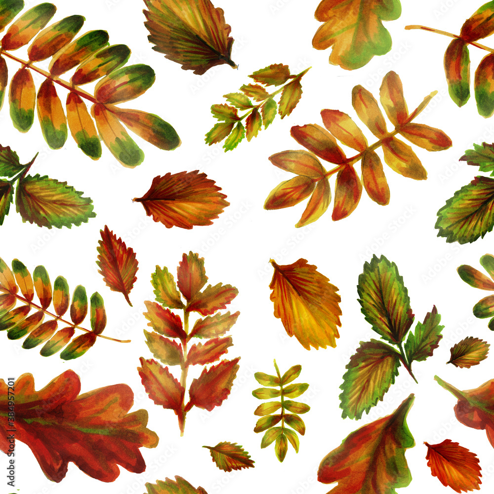 Seamless pattern of bright autumn leaves. Watercolor autumn pattern for postcards, design, decor, Wallpaper, packaging paper.  Square composition.