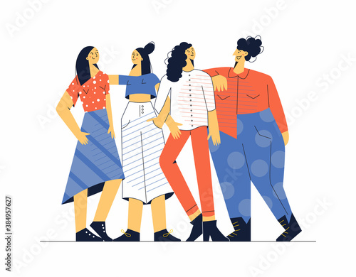 Young women standing together modern flat vector illustration