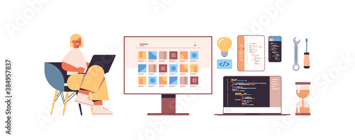 female web developer using laptop creating program code development of software and programming icons set full length horizontal vector illustration