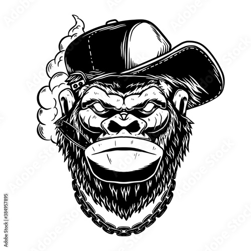 Illustration of gorilla with cigar in vintage monochrome style. Design element for logo, emblem, sign, poster, card, banner. Vector illustration