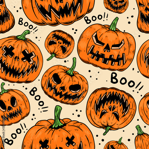 Seamless pattern with scary halloween pumpkins. Design element for poster,card, banner, sign, emblem. Vector illustration