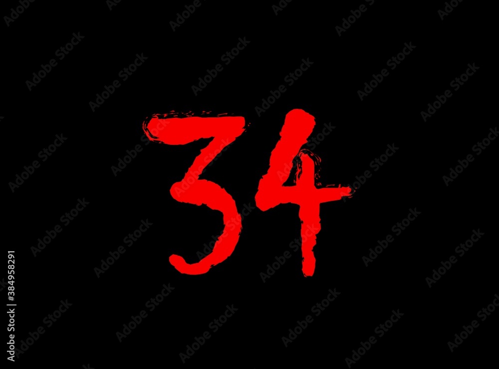 34 Horror bloody, scary vector number. Insane Fear brutal, scream font. Wicked night theme style design. Hand writing eps10 illustration