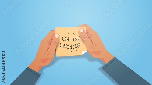 businessman hands holding yellow sticker online business written on sticky note paper horizontal vector illustration