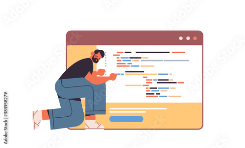 web developer creating program code development of software and programming concept full length horizontal vector illustration
