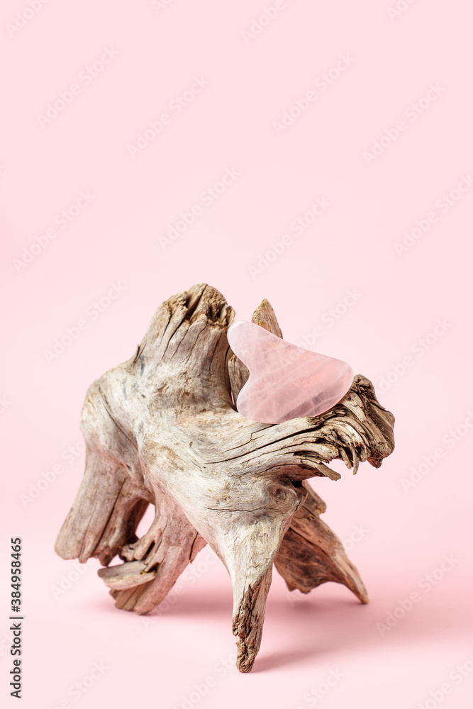 Obraz premium Jade roller for face massage. Pink gua sha facial massager tools. Anti age, lifting and toning treatment, monochrome beauty industry banner with copy space, wellness, wellbeing concept