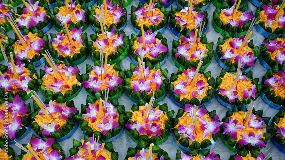 Krathong of floating basket by banana leaf Thai style for Loy Krathong Festival or Thai New Year and river goddess worship ceremony