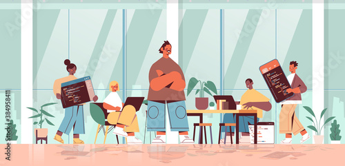 team lead engineer with mix race web developers coding together creating program code development of software and programming concept full length horizontal vector illustration