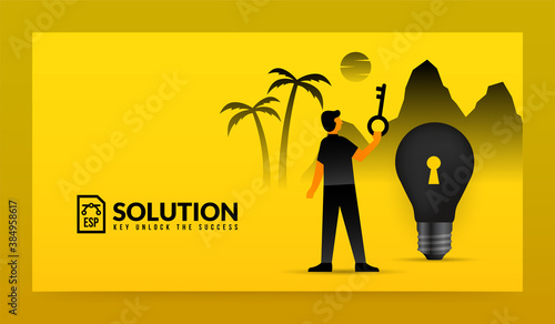 Man holding key unlock idea to solve the problem background