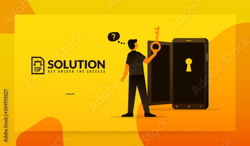 Man using key to open mobile door on background