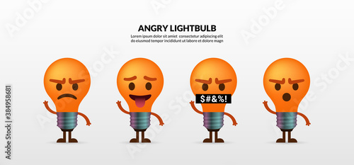 Set of cute angry lightbulb characters on white background