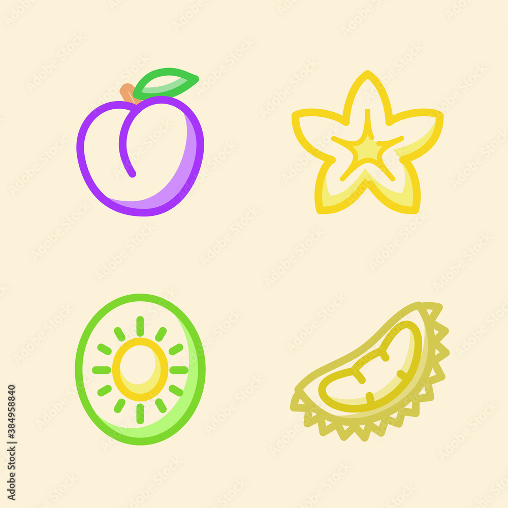 Fruit icon set collection plum star fruit kiwi durian white isolated background with stroke color outline style