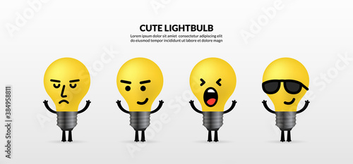 Set of cute lightbulb characters standing on white background
