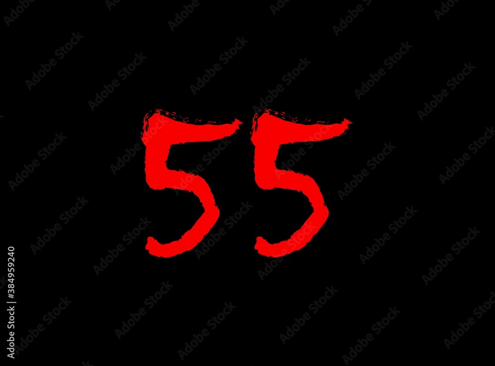 55 Horror bloody, scary vector number. Insane Fear brutal, scream font. Wicked night theme style design. Hand writing eps10 illustration