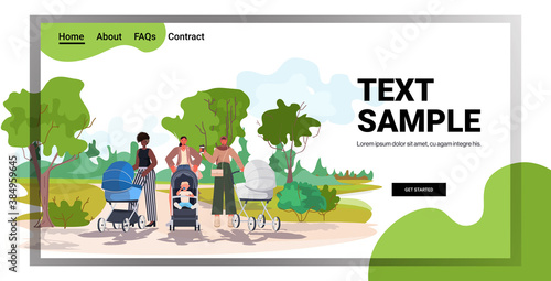 mix race mothers walking with newborn babies in strollers motherhood concept urban park landscape background horizontal full length copy space vector illustration