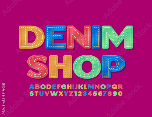 Vector trendy emblem Denim Shop. Colorful Jeans Font. Creative textile Alphabet Letters and Numbers set