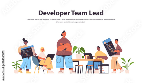 team lead engineer with mix race web developers coding together creating program code development of software and programming concept full length horizontal vector illustration