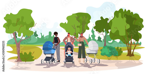 mix race mothers walking with newborn babies in strollers motherhood concept urban park landscape background horizontal full length vector illustration