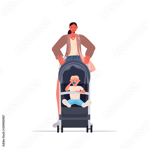 young mother walking with newborn baby in stroller motherhood concept full length vector illustration