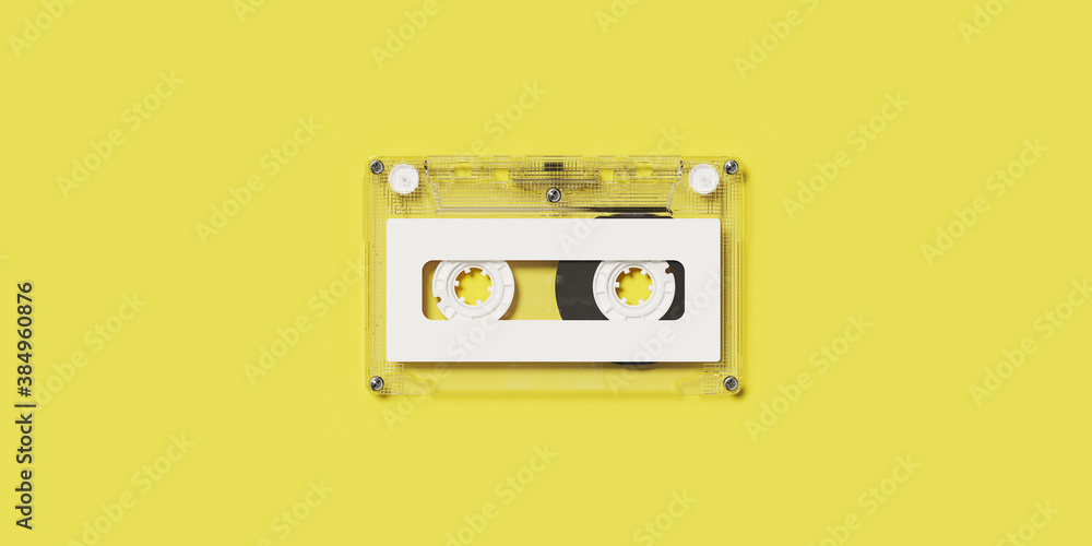 Fototapeta premium Minimal creative background for retro technology concept. Clear cassette tape with white label on yellow background. 3d rendering illustration. Clipping path of each element included.