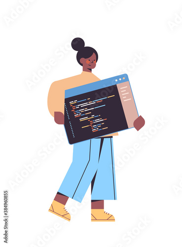 female web developer creating program code development of software and programming concept full length vertical vector illustration