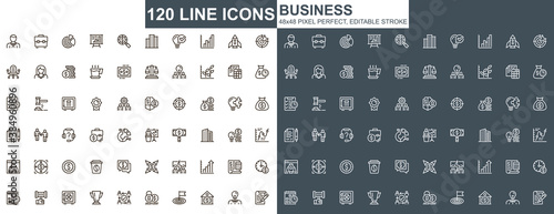 Business thin line icons set. Business development and investment strategy unique design icons. Financial audit and accounting outline vector bundle. 48x48 pixel perfect linear pictogram pack.