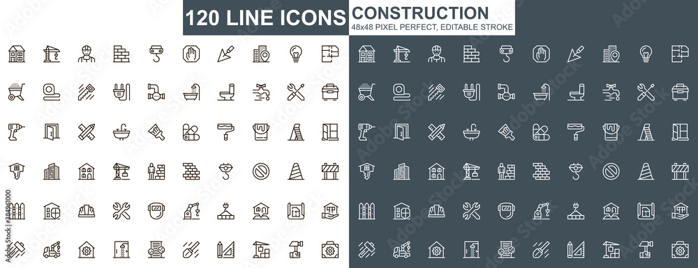 Construction thin line icons set. Construction site workflow and management unique design icons. Machinery and building equipment outline vector bundle. 48x48 pixel perfect linear pictogram pack. - obrazy, fototapety, plakaty 