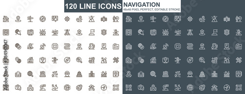 Navigation thin line icons set. Destination and route tracking unique design icons. Geolocation and positioning, GPS navigation outline vector bundle. 48x48 pixel perfect linear pictogram pack.