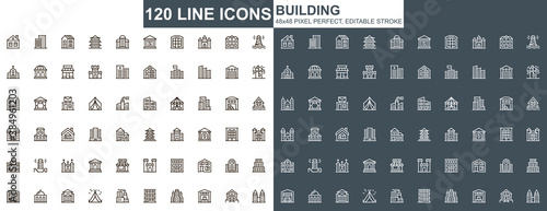 Building thin line icons set. Real estate property, engineering and construction unique design icons. Buy, mortgage and rent services outline vector bundle. 48x48 pixel perfect linear pictogram pack.