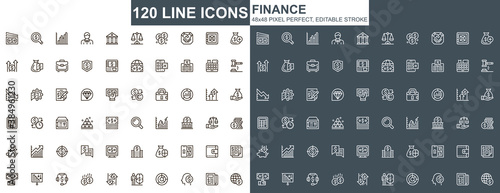 Finance thin line icons set. Online banking, capital investment unique design icons. Financial deposit, payment and exchange currency outline vector bundle. 48x48 pixel perfect linear pictogram pack.